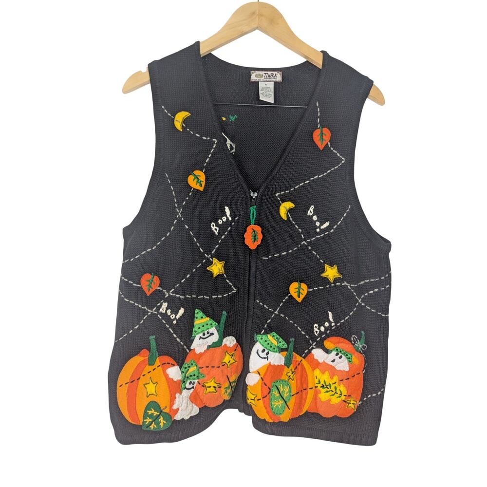 Vtg Tiara International Embroidered Pumpkins & Ghosts Halloween Sweater Vest
